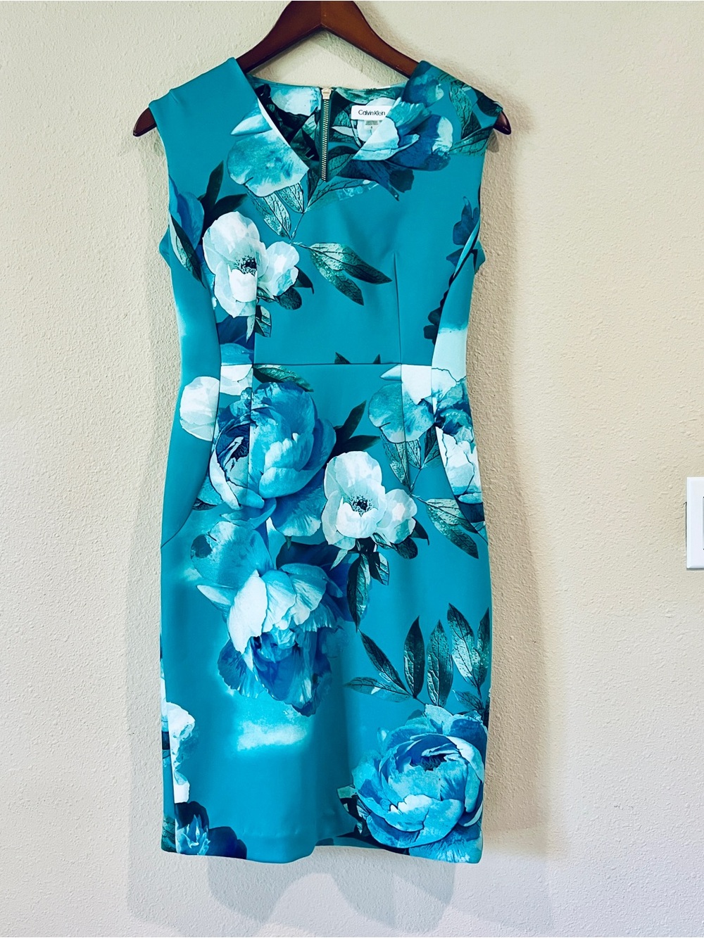 Calvin Klein Teal Floral Midi scuba Sheath Dress sleeveless design size 6